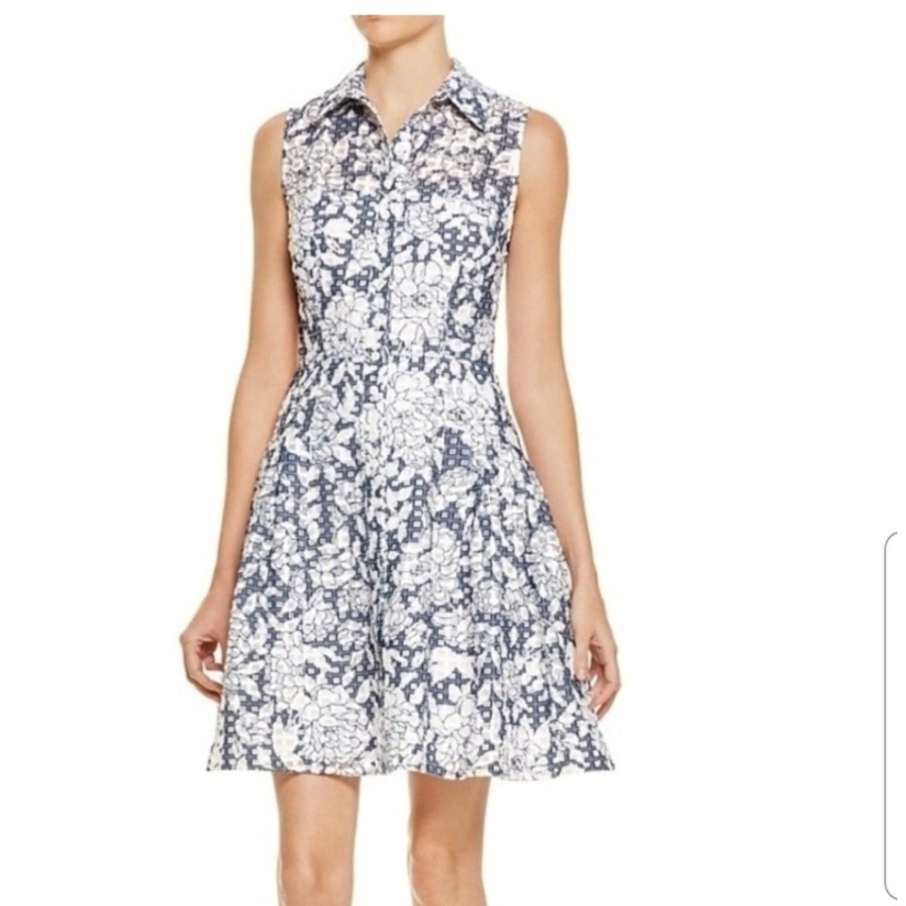 Betsey Johnson Blue White Floral‎ Burnout Shirt Dress Sleeveless Pleated 4K029 2